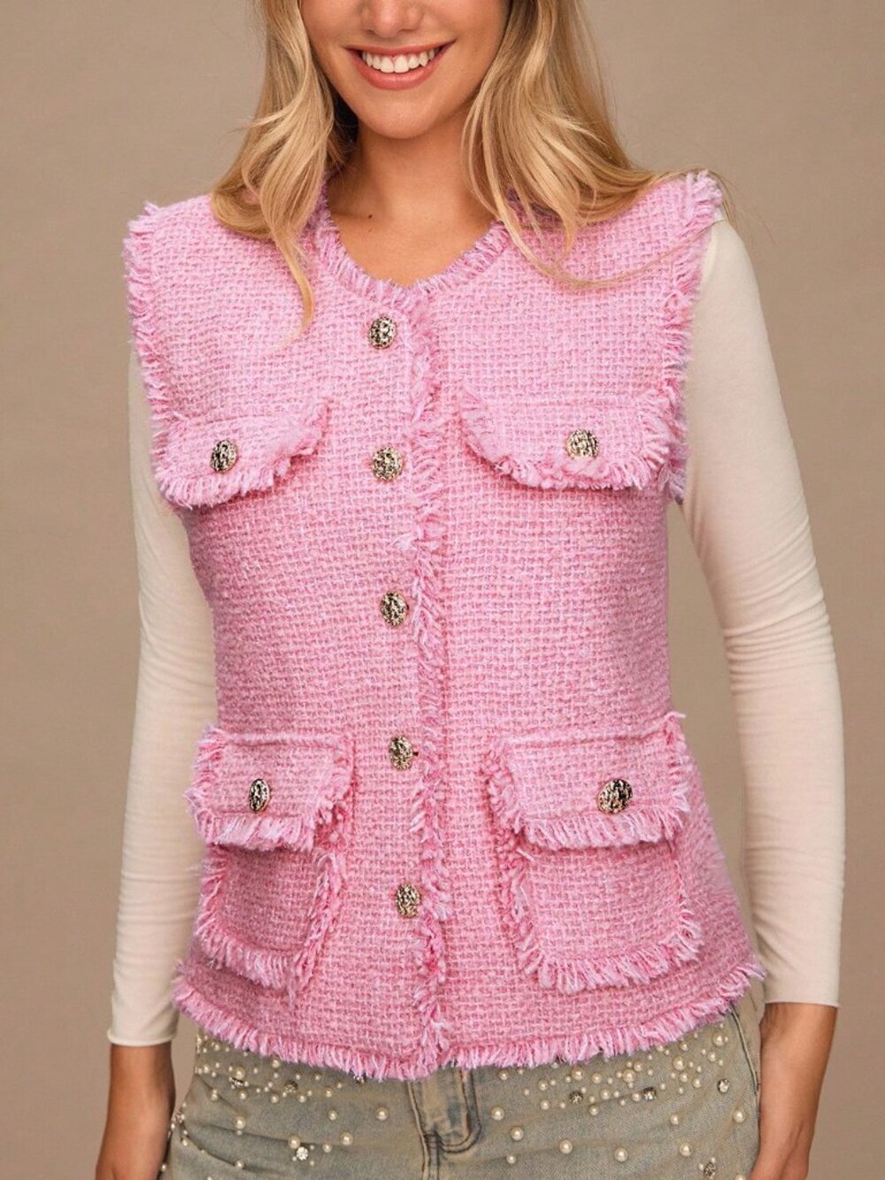 Pink Elegant Women's Romantic Single-Breasted Fringe Tweed Vest Jacket